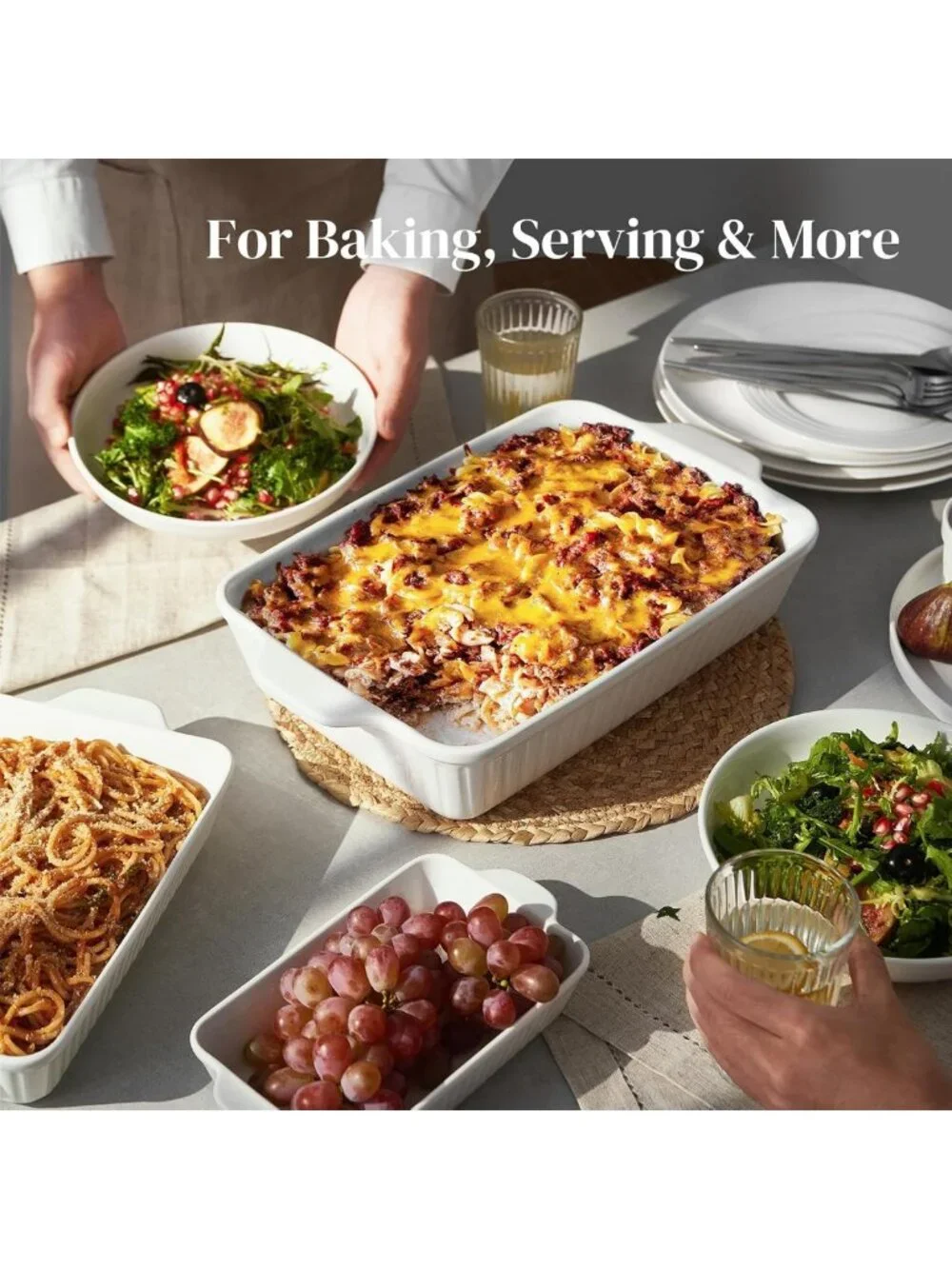 Ceramic Casserole Baking Dishes Set of 3 - Deep Lasagna Pan with Handles, White